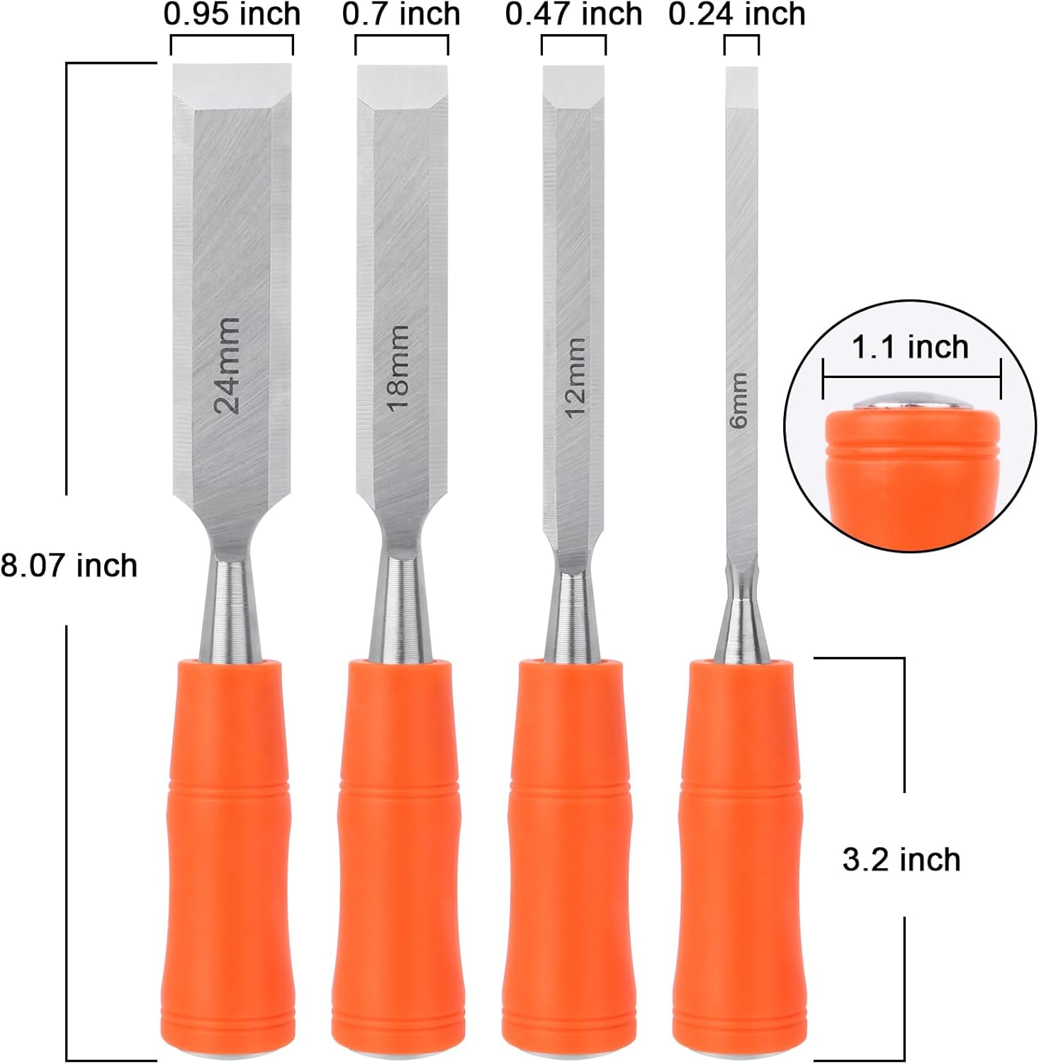 

4 Piece Wood Chisel Set with Steel Hammer End Ergonomic Plastic Handle 6mm 12mm 18mm 24mm Woodworking Tools 4 Pcs