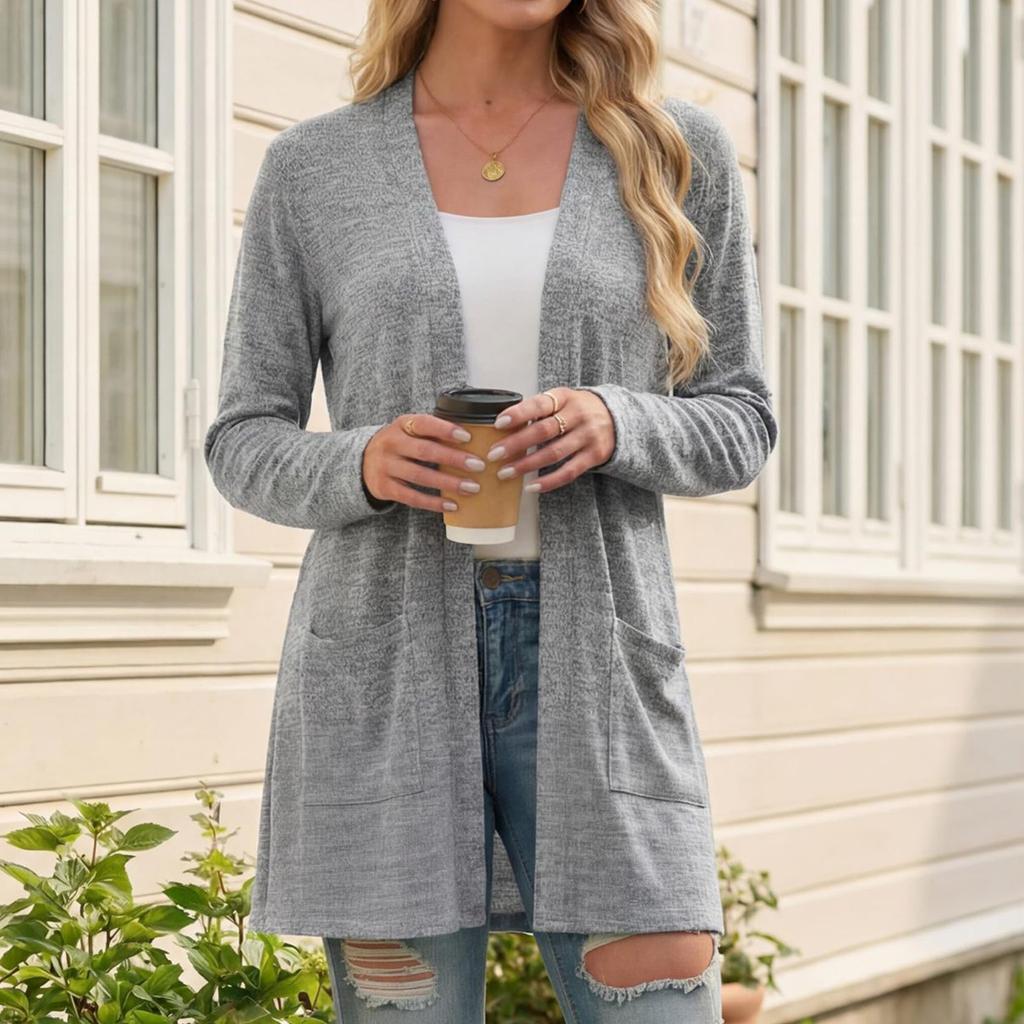 Cardigan da Donna a Maniche Lunghe Aperto Davanti Maglione Leggero a Maglia Tasche Capospalla Casual Top da Sovrapporre