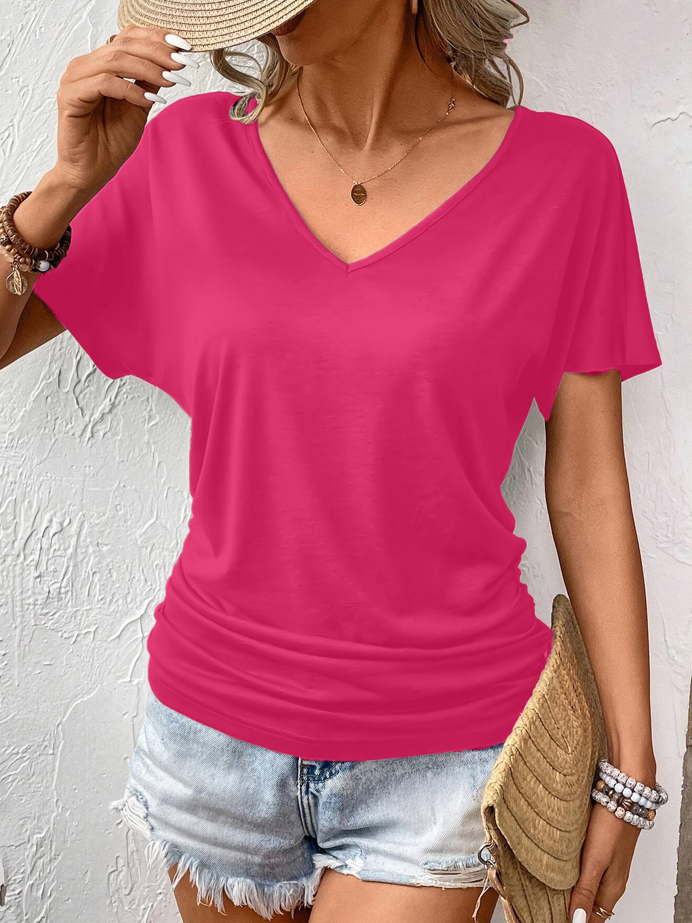 

Plus Size V-neck Batwing Sleeve Solid Color Women s T-shirt - Spring/Summer XL яскраво-рожевий колір