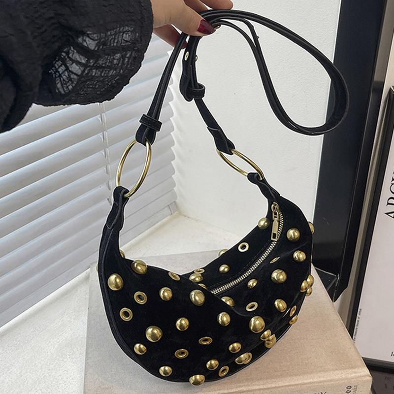 

Винтажная женская сумка через плечо с золотыми люверсами, портативная замшевая сумка кроссбоди однотонного цвета для повседневных и стильных нарядов 17x2x16cm чёрный