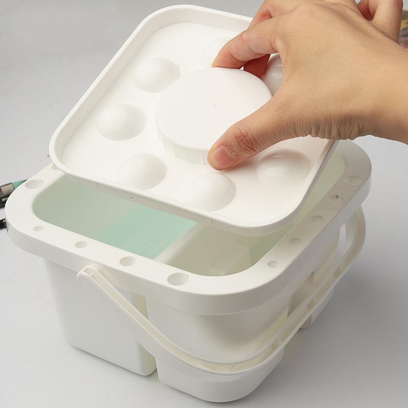 Multifunctional Square Watercolor Palette Bucket - Portable Art Box with Built-in Pen Washer, Compact Travel Painting Supplies F