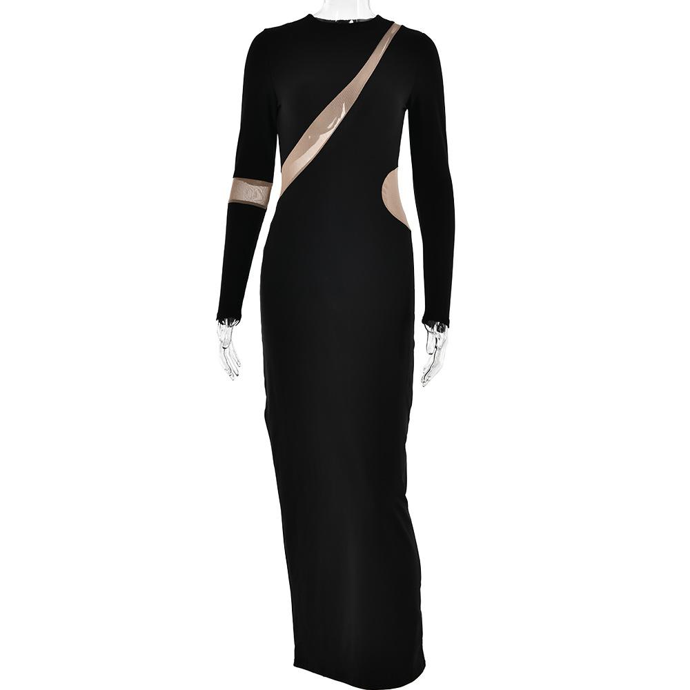 European and American crew neck long-sleeved dress women's fashion hot-selling sexy spice girl tight body sculpting high elastic splicing long dress