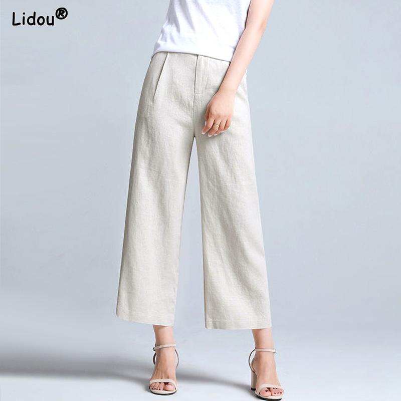 

Calf-length Pants Button Pockets Zippers Women s Clothing Thin Summer Loose Wide Leg Solid Color Casual Elegant Straight Simple L бежевый