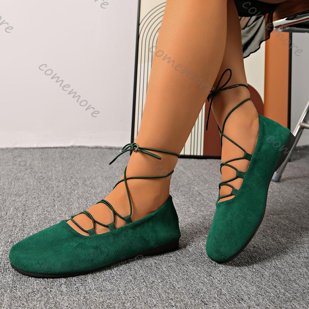 Fashion Comemore Women's Shoes Spring Autumn New Cross Strap Flats Casual Shallow Mouth Single Shoes Round Toe Anke Lace Up Flat Shoe