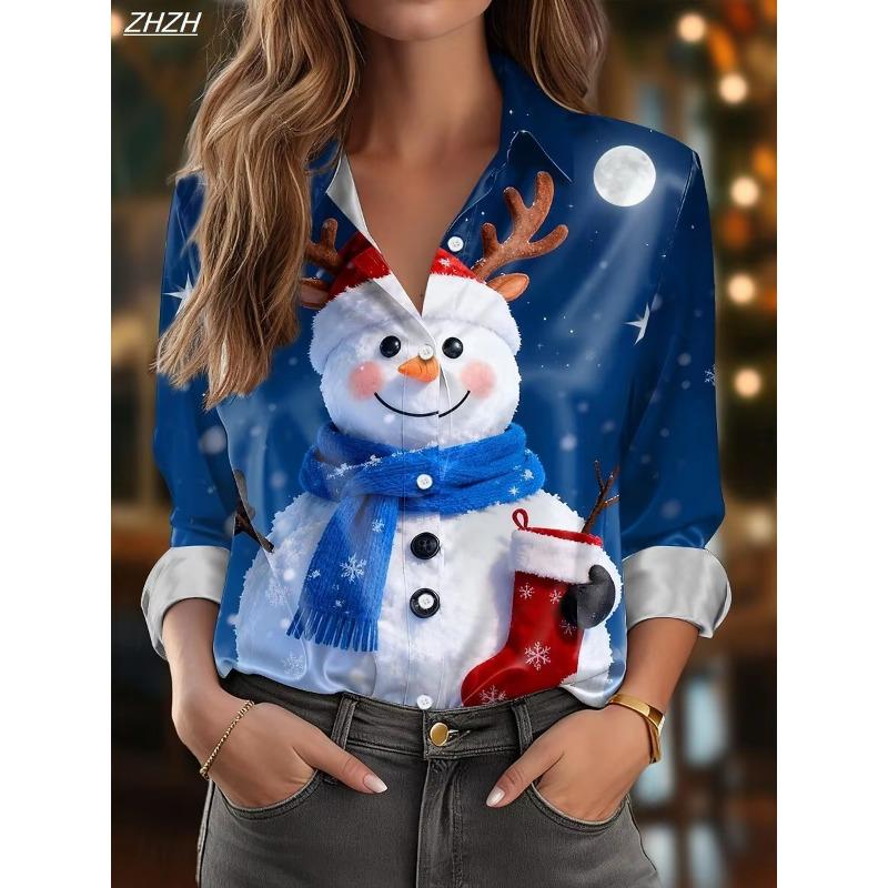 Christmas Women's Snowman Print Blouse, Elegant Shirt Collar Design, Vintage Holiday Office Wear, Fall Winter Work Daily Fashion