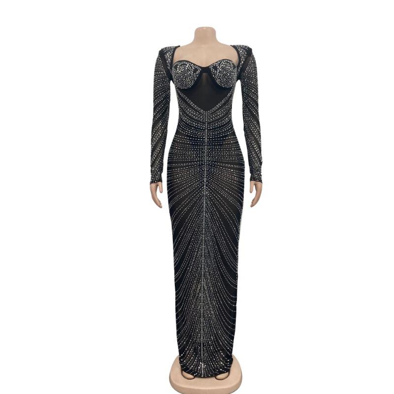 Modisches, durchsichtiges, langärmliges Kleid aus Drillichnetz für Damen