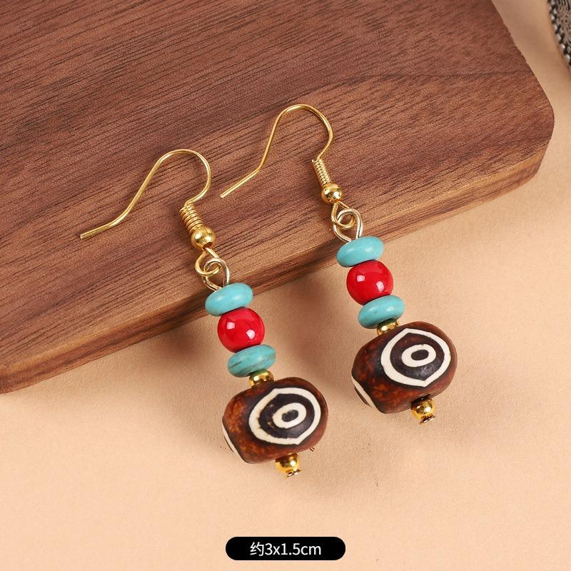 Original design Tibetan nine-eye dzi bead agate earrings retro literary tiger tooth earrings Chinese earrings women