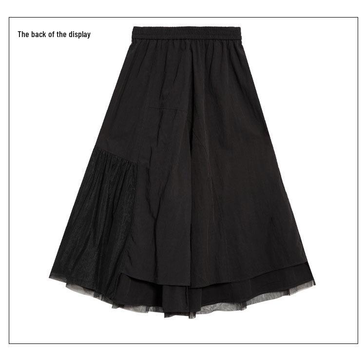 Dark Style A-Line Mesh Patchwork Skirt: Casual, Mid-Length, Elastic Waist, Irregular Flare