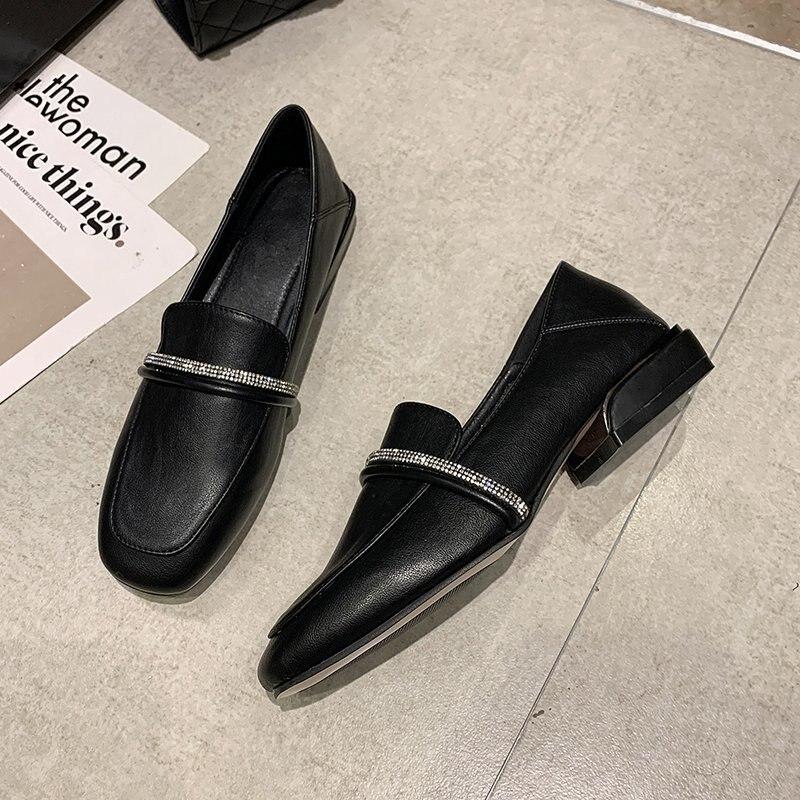 New Oxford Shoes for Women Slip On Round Toe Mary Jane Shoes Woman Bling Crystal Square Heels Retro Shoes Women