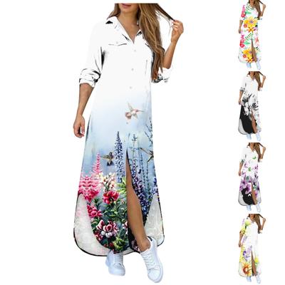 Damen-Hemdkleid, sexy, lässig, bedruckt, langärmelig, Hemd, lockerer Schlitz, Maxikleid, Knopfkragen