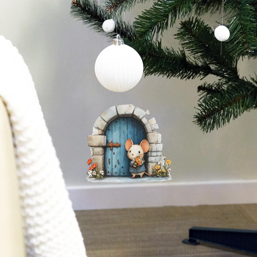 Cartoon Mouse Holding Flowers at Mouse Hole DIY Removable Wall Sticker for Bedroom Living Room Home Decor