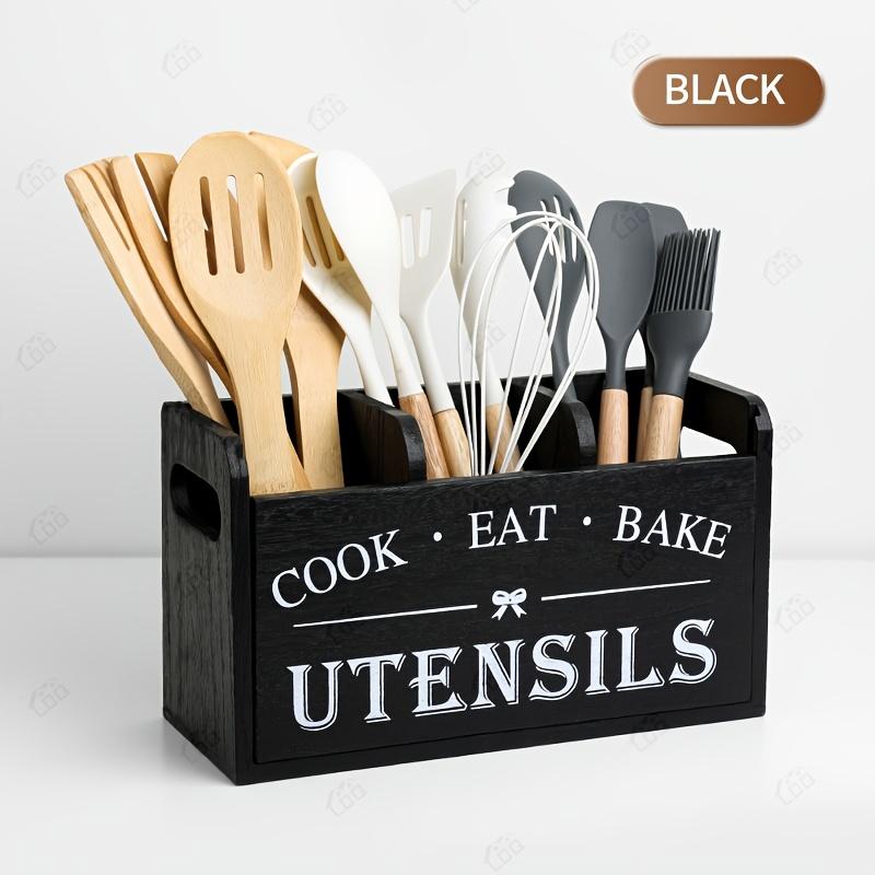 1pc Rustic Wooden Kitchen Utensil Holder - 3-Compartment Countertop & Wall-Mounted Organizer for Forks, More - Space-Saving