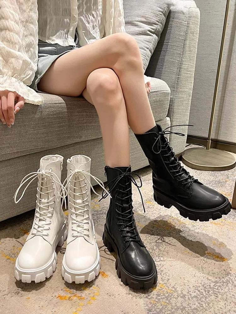 2025 Spring/Summer New White Thin Middle Breathable Thick Bottom Single Boots Trendy Motorcycle Short Boots