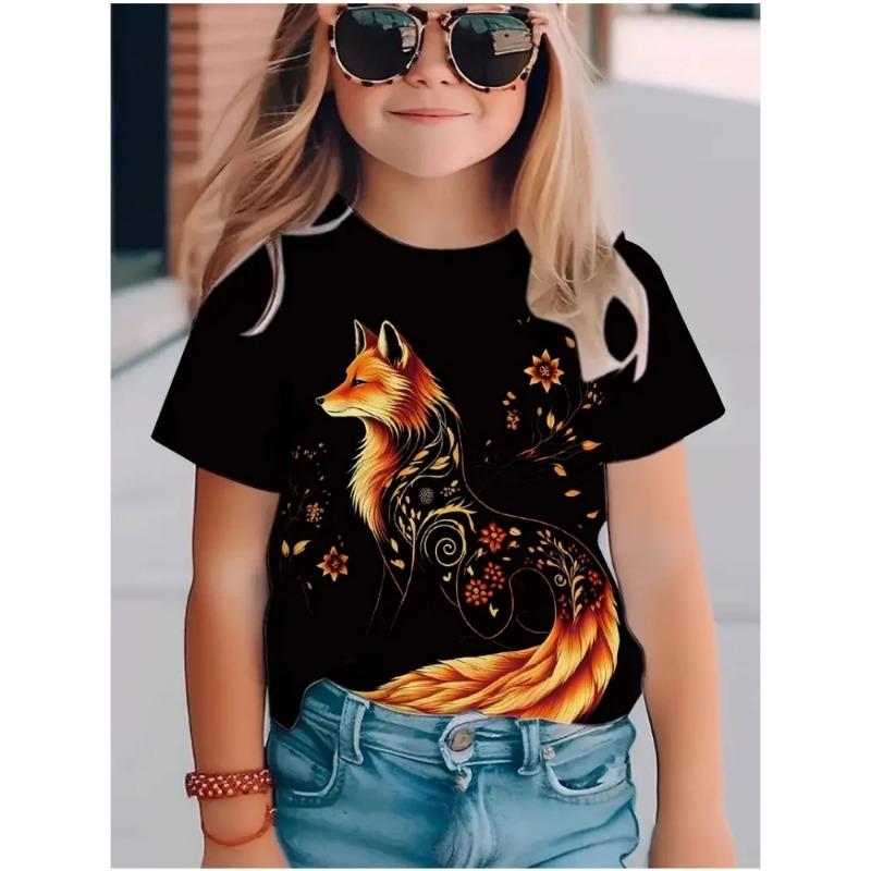 3D Fox Print Short Sleeve T-shirt Girls Comfy Tees Summer Clothes