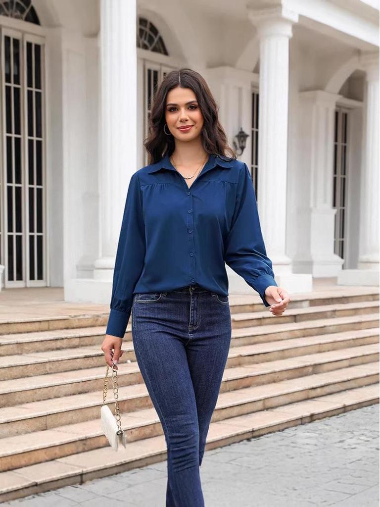 Women's Solid Color Stand Collar Loose Long Sleeve Button-Up Shirt