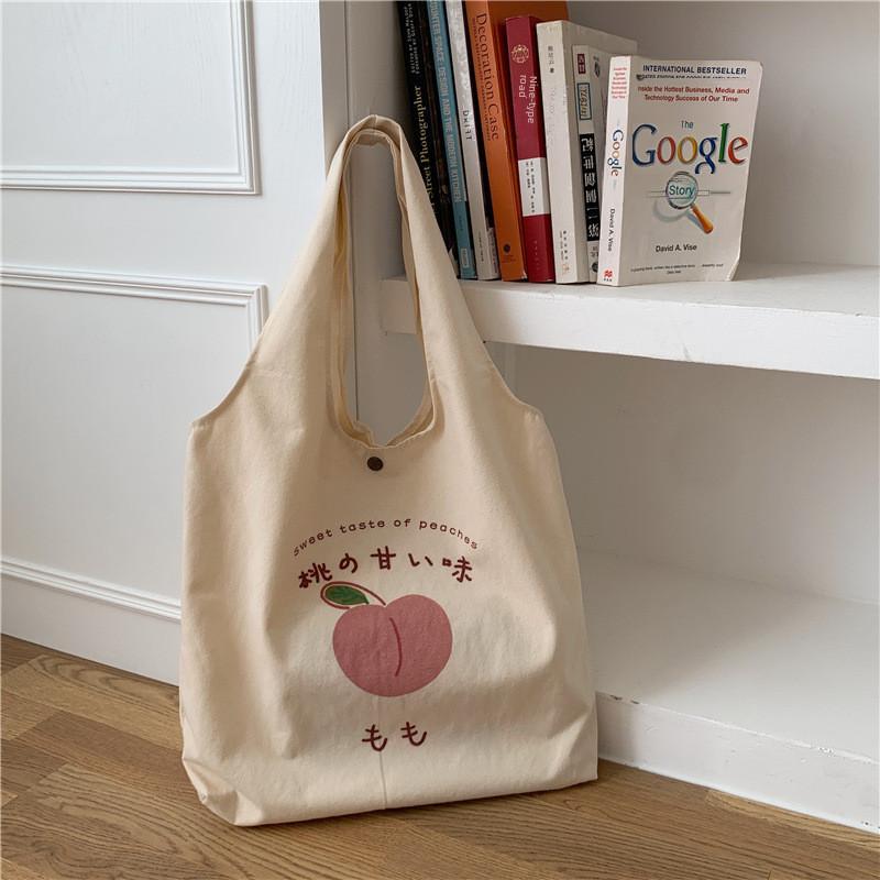 Stylish Peach Print Canvas Tote Bag For Women Medium Sized With Magnetic Closure