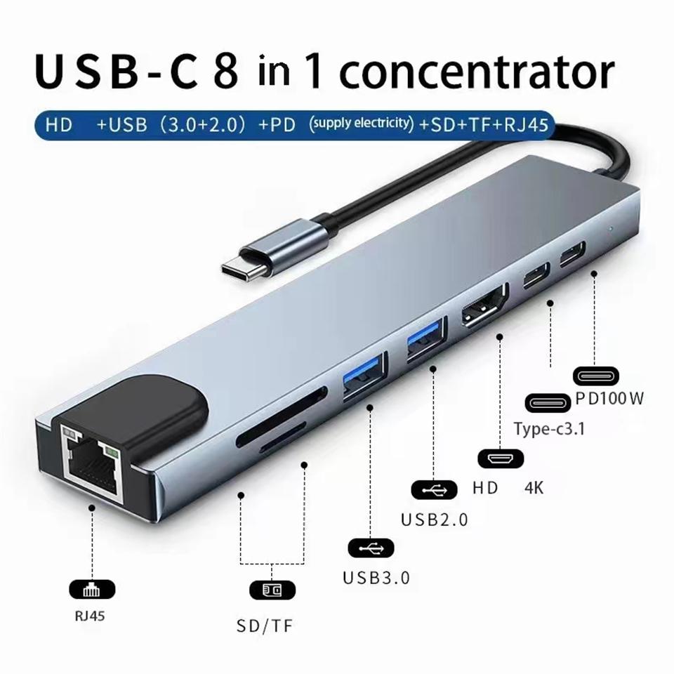 8-in-1 USB-C Hub Typ C Erweiterung HDMI-kompatibler Adapter Laptop-Konverter mit RJ45 SD-Kartenleser PD Schnelllader für Macbook