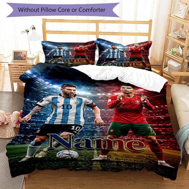 Messi Soccer Legends Custom Name Personalized Name Bedding Set,Airy Bed Linen for Sports Room Decor,Perfect Teenager Gift,Double Sided Duvet Cover wit