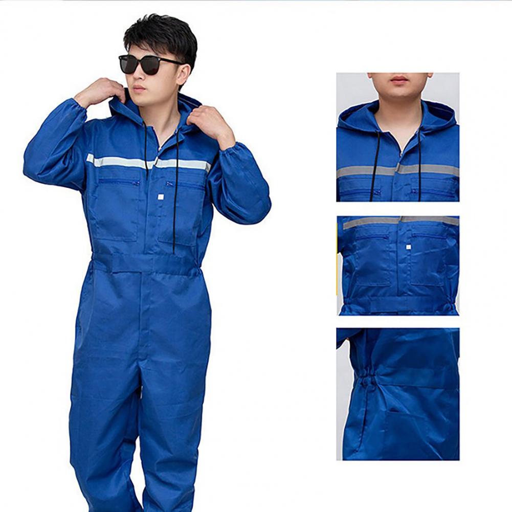 Unisex Work Overalls Hooded Drawstring Wear-resistant Reflective Zipper Work Clothes Loose Pockets Safety Worker Coveralls