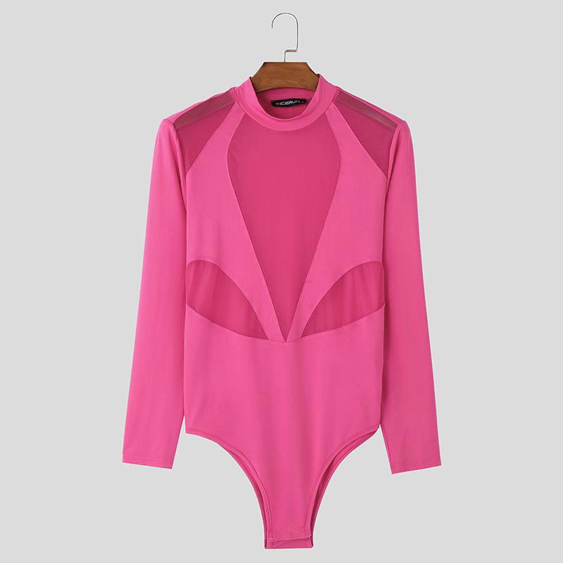 INCERUN Men Long Sleeve See Through Bodysuits Lace Mesh Patchwork Club Playsuits