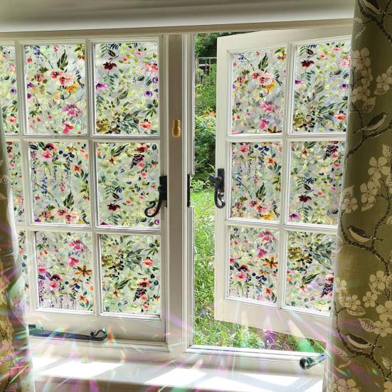Rainbow Window Film Stain Glass Style Floral Static Clings Non-Adhesive Reusable Window Decals for Living Room Bedroom Kitchen Bathroom