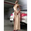 Satin Swing Collar Hanging Neck Atmosphere Ribbon Split Dress 2025 Summer New Sexy Big Backless Guest dresses