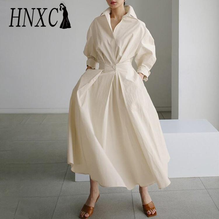 HNXC Women Casual Loose Long Dress Turn-down Collar Long Sleeve