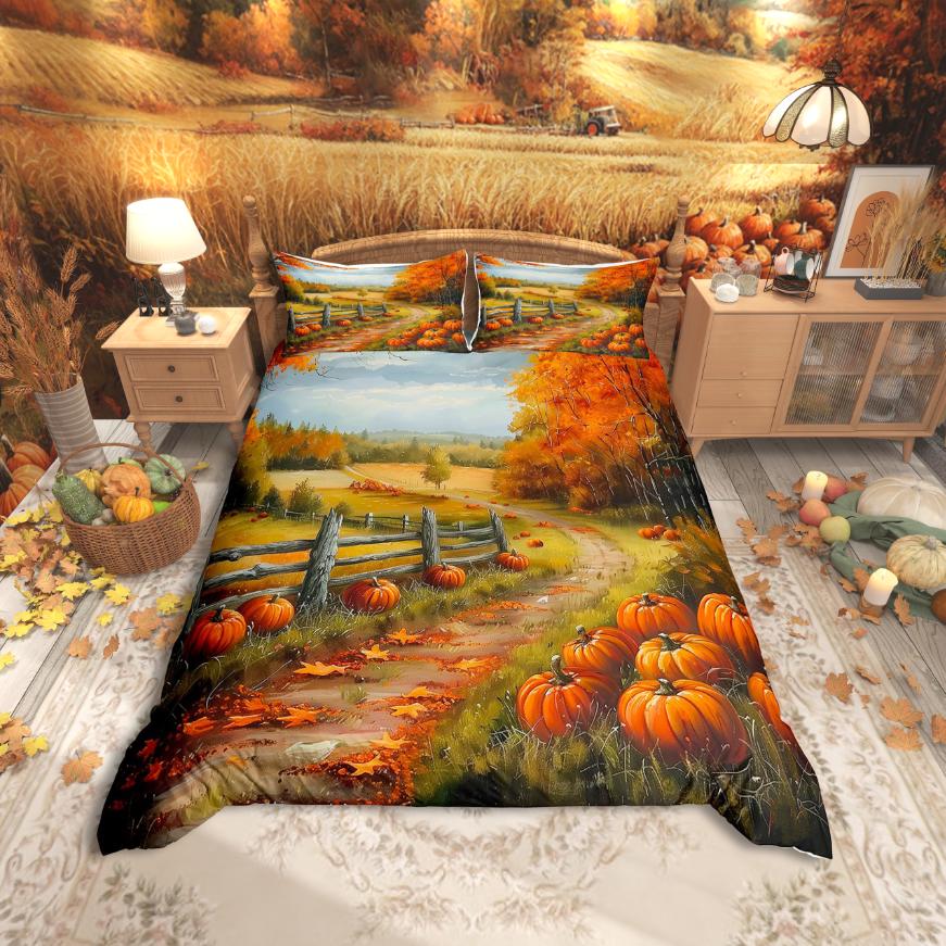 Homewish Fall Pumpkin Duvet Cover SetAutumn Theme Bedding SetOrange Truck Bed Set For AdultsBreathable Home Decor