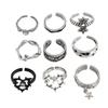 9 Stück Dorn Gothic Ring Set für Damen und Herren Silber Punk Grunge Vintage Schmuck mit Herz Schlangen Totenkopf Designs