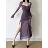 Sylcue Winter Party Queen Purple Mature Sexy Beautiful Confident Elegant Graceful Women'S Translucent Thin Straight Dress