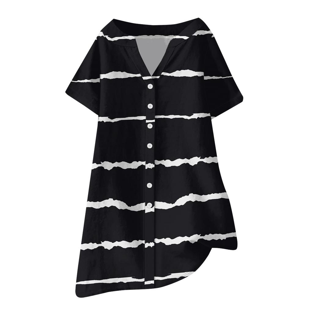 Women Fashion Casual V-neck Short Sleeve Button Stripe Print Dress