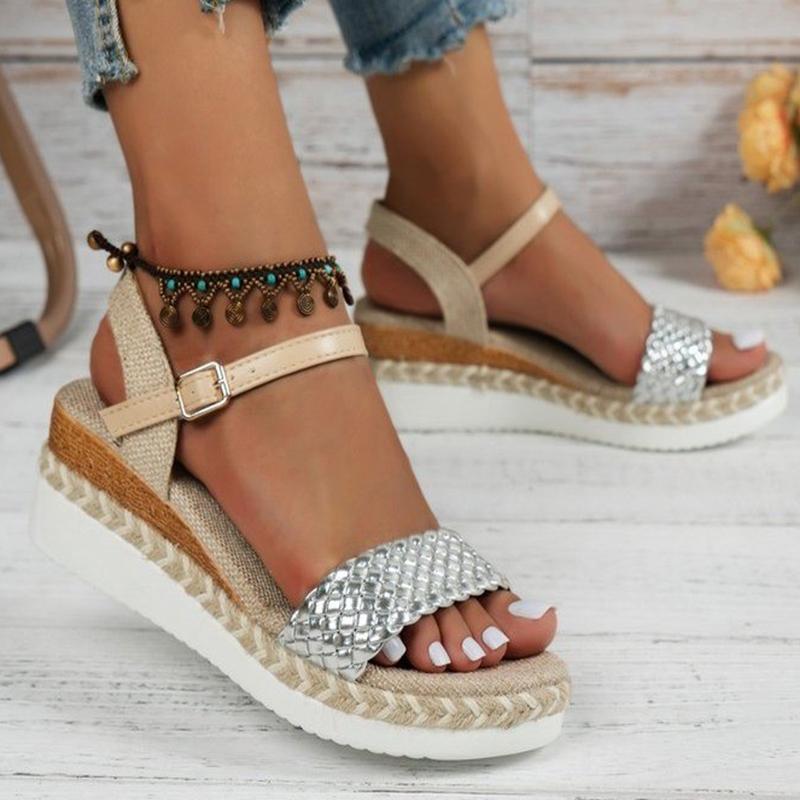 Fashion Ankle Buckel Women Wedges Sandals Chinese Style Thick Bottom Braided Sandles Comfortable Wedge Beach Sandalias Size 36-43