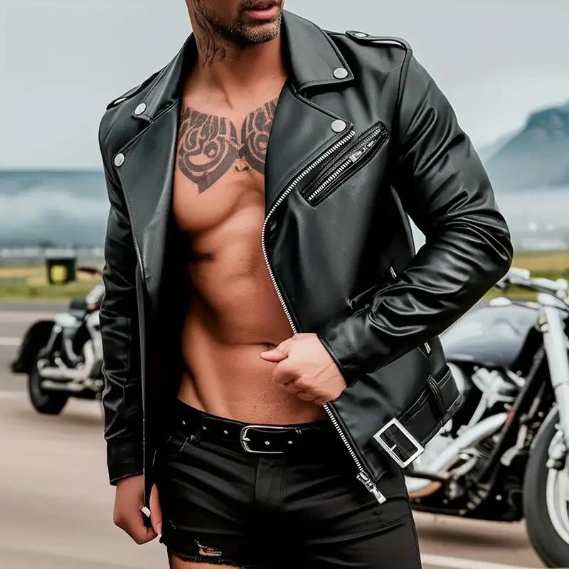 Men's PU Leather Motorcycle Jacket - Stylish European-American Streetwear with Functional Zipper.