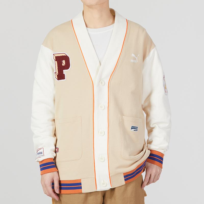 Puma Team Badge V-Neck Jacket With Contrast Logo Print Casual Knit Unisex Jacket Khaki 677374-67