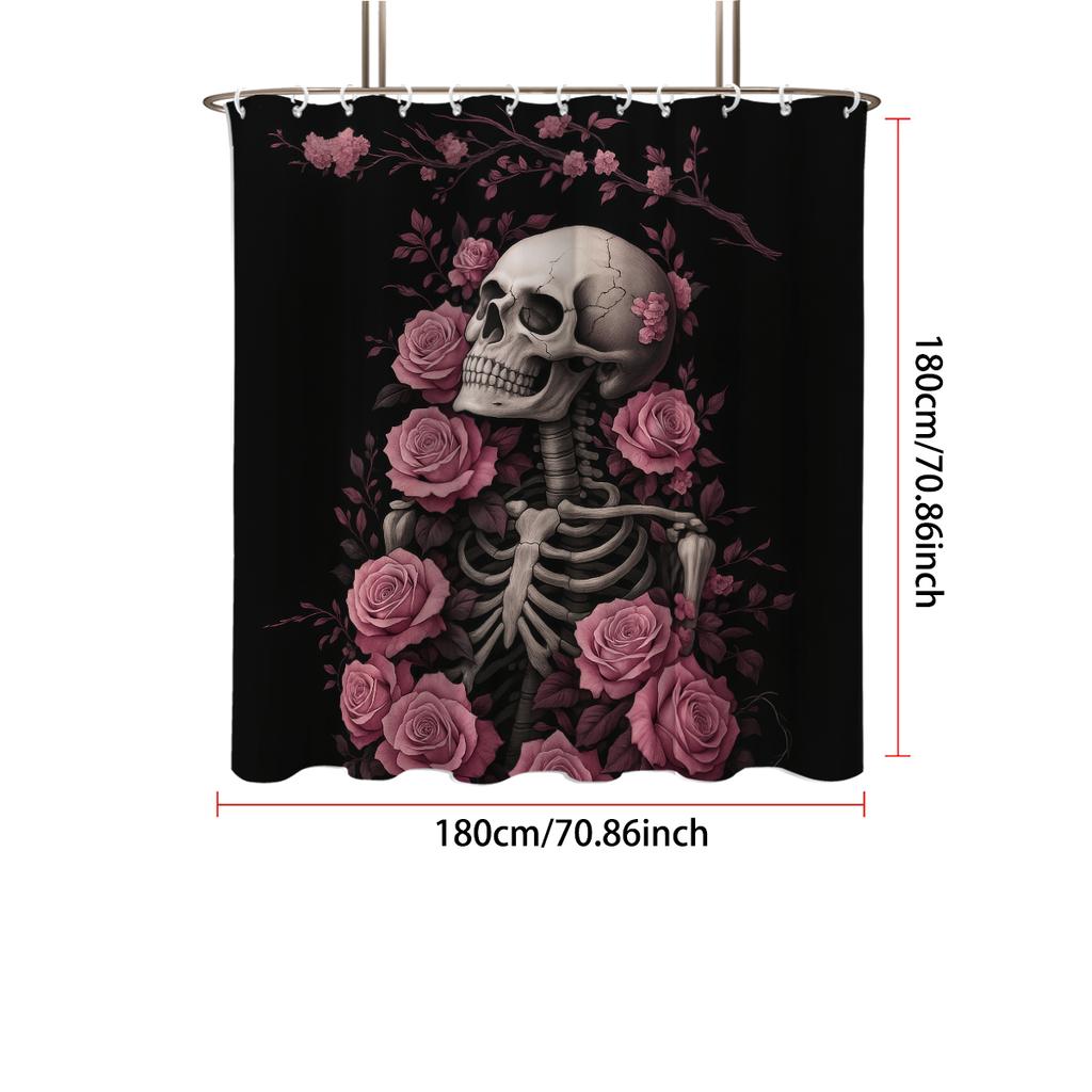 1Pc Halloween Skeleton Flower Print Waterproof Shower Curtain Privacy Hanging Curtain 12 Hook Multiple Sizes Machine Washable