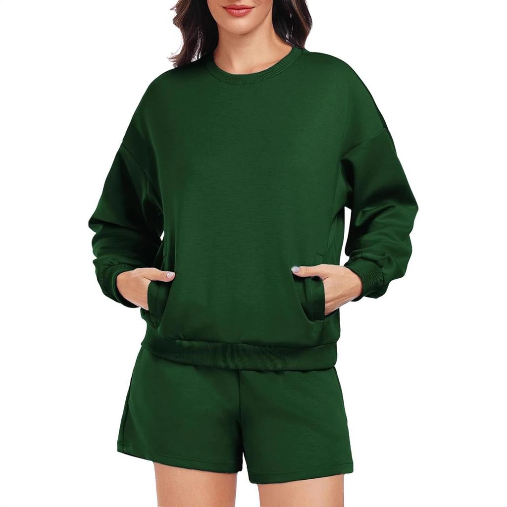 Women's Loose Tracksuit Long Sleeve Sweatshirt Elastic Waist Shorts Casual Loungewear Set