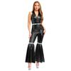 Mono de Fiesta Disco de los 70 - Mono de Solapa con Cuello en V para Mujer con Lentejuelas, Pantalones de Campana y Cremallera Frontal