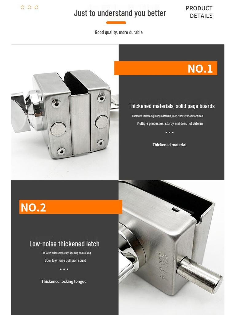304 Stainless Steel Frameless Glass Door Bolt Lock for Single/Double Doors, No-Drill Padlock