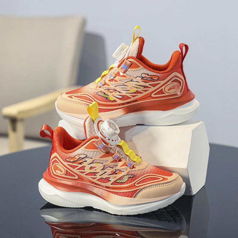 Boys Sneakers Autumn Mesh Children Boys Students Middle and Older Children Rotary Buckle Orange Running Shoes