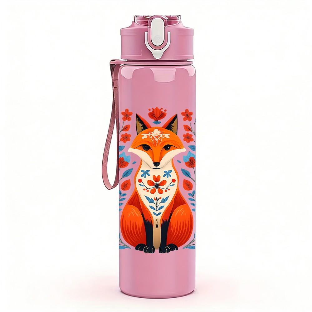 1PC Folk Fox Head Illustration 750ml Color Plastic Sports Water Bottle Leakproof Flip Straw Lid Suitable for Sports Office Home Use