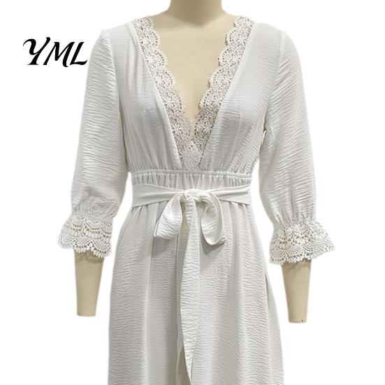 Versatile Commuter Dress Women V-Neck Lace for Fall, 3/4 Sleeves Maxi with V Neck Belt, Solid Color Loose Casual Long Vacation Daily Wear