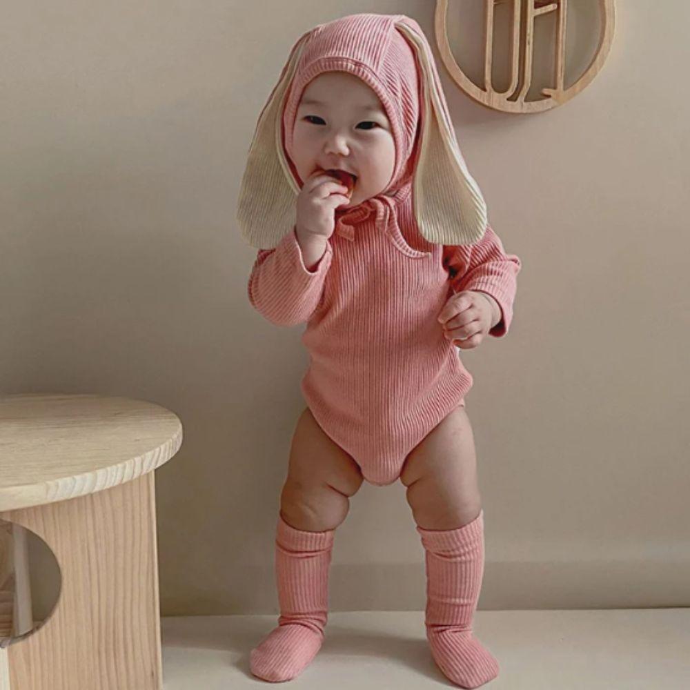 Ribbed Texture Bunny Costume Cotton Solid Baby Bodysuit Rabbit Romper Sets  Infant Girls