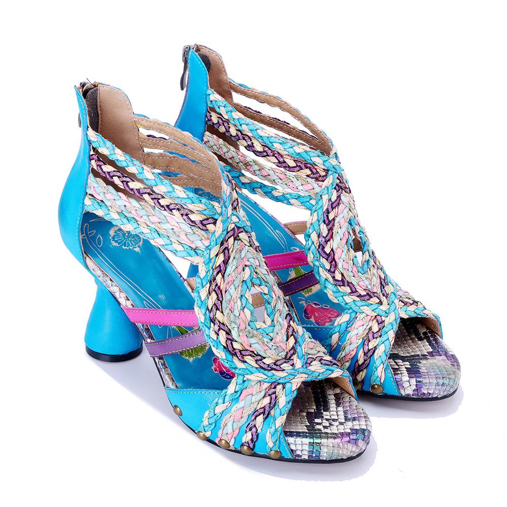 Johnature Ręcznie robione sandały damskie na wysokim obcasie z prawdziwej skóry, plecione, w stylu bohemy, ażurowe