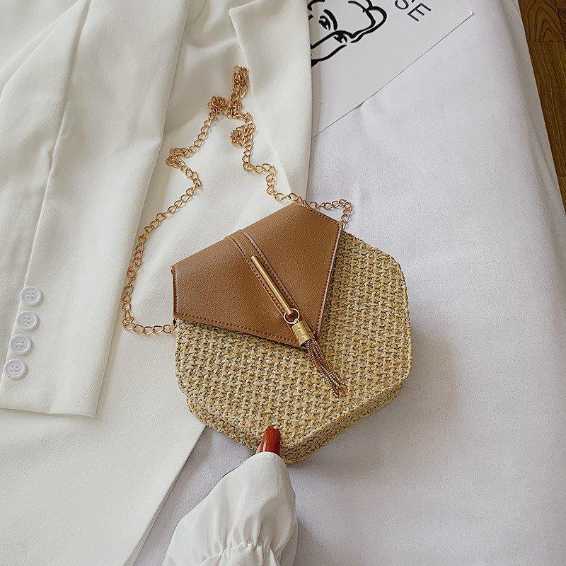 Trendy Woven Hexagonal Shoulder Crossbody Bag – Solid Color with Tassel Chain