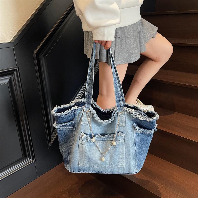 Niche Raw Edge Denim Tote Bag 2025, Women's Large Capacity Commute Shoulder Bag with Fashion Silk Scarf
