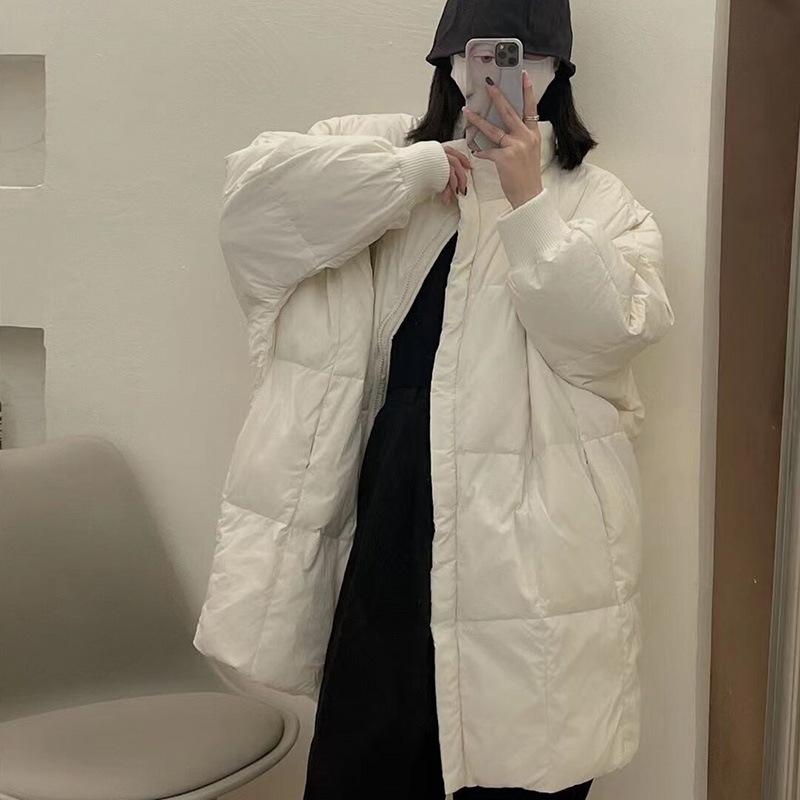 bat sleeve medium and long down jacket women's high-end stand-up collar white duck down winter loose and thin jacket large size