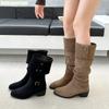 2025 New Winter Thick Heel Boots Women Western Cowboy Pointed Toe Black/khaki Suede Knee-High Boots Turned-Over Edge Boots