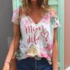 Summer V-neck 3D Mother's Day Alphabet Flower Printed Top Fashionable Casual Short Sleeved Women's T-shirts