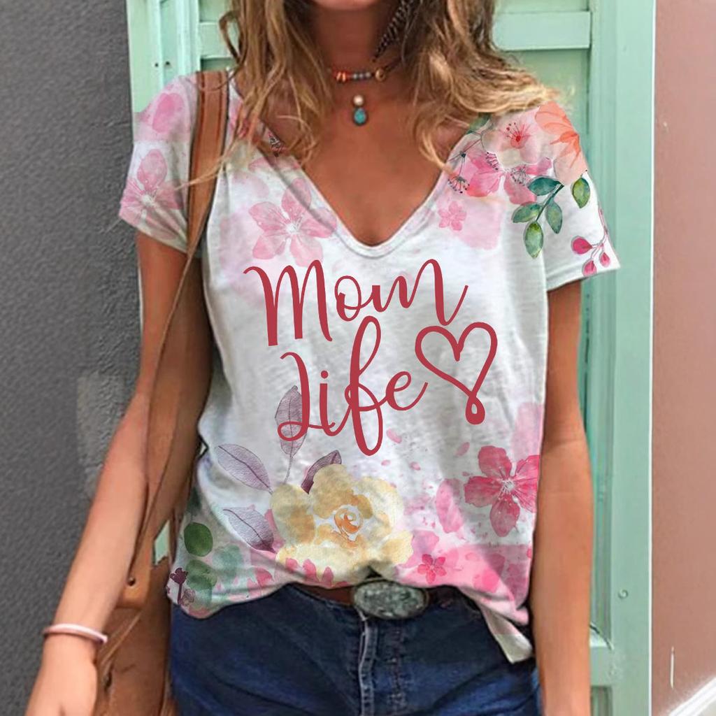 Summer V-neck 3D Mother's Day Alphabet Flower Printed Top Fashionable Casual Short Sleeved Women's T-shirts