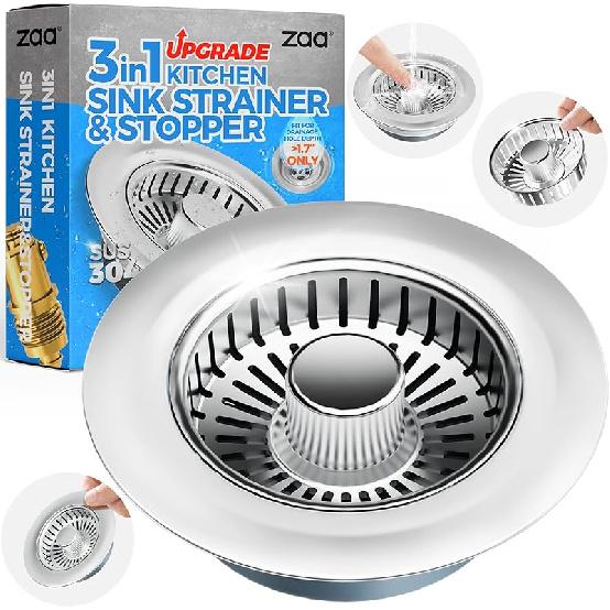zaa Kitchen Sink Drain Strainer - Kitchen Sink Stopper, 304 Stainless Steel Sink Drain Stopper, Sink Protector for Kitchen with Anti-Clog Filter, Fit